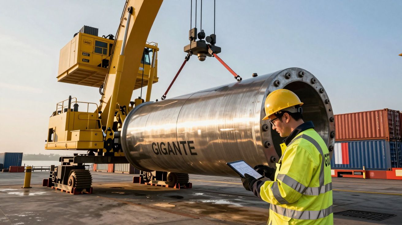 Operario supervisa grúa moviendo gran cilindro metálico en puerto con contenedores al fondo.