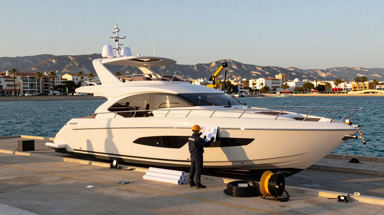 Persona revisa planos frente a un yate blanco en un muelle, con el mar y montañas al fondo.