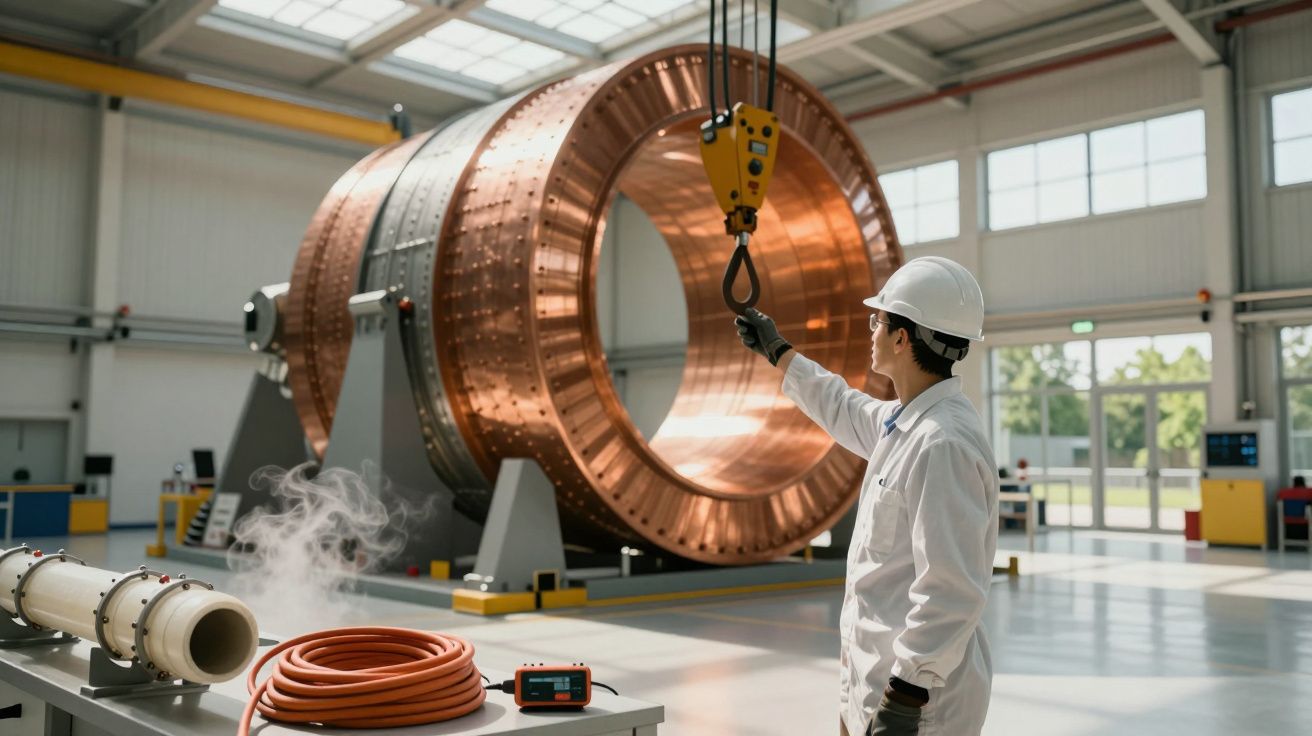 Trabajador con casco controla grúa en fábrica, moviendo gran pieza cilíndrica de cobre. Ambiente industrial iluminado.