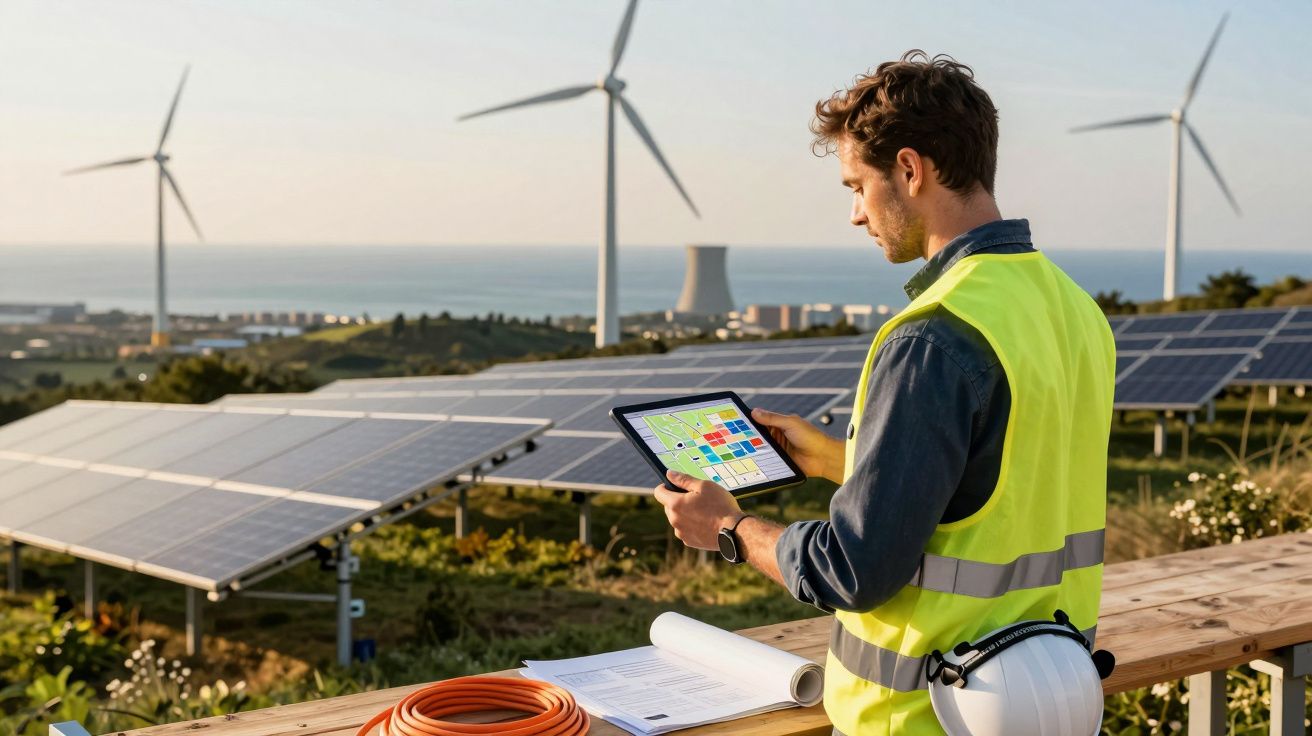 Hombre con chaleco reflectante revisa tablet frente a paneles solares y turbinas eólicas en un paisaje costero.