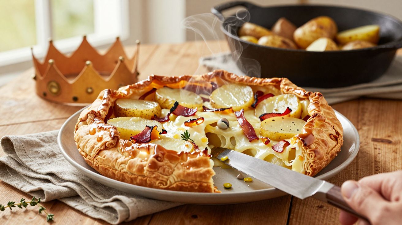 Tarta de hojaldre con patatas y bacon humeante en plato, cuchillo cortando una porción. Corona y patatas de fondo.