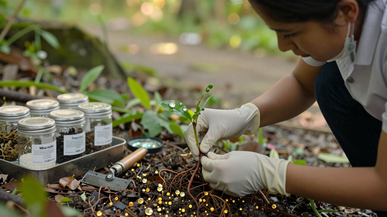 Persona con guantes planta una pequeña planta en el suelo, rodeada de frascos de semillas y herramientas de jardinería.