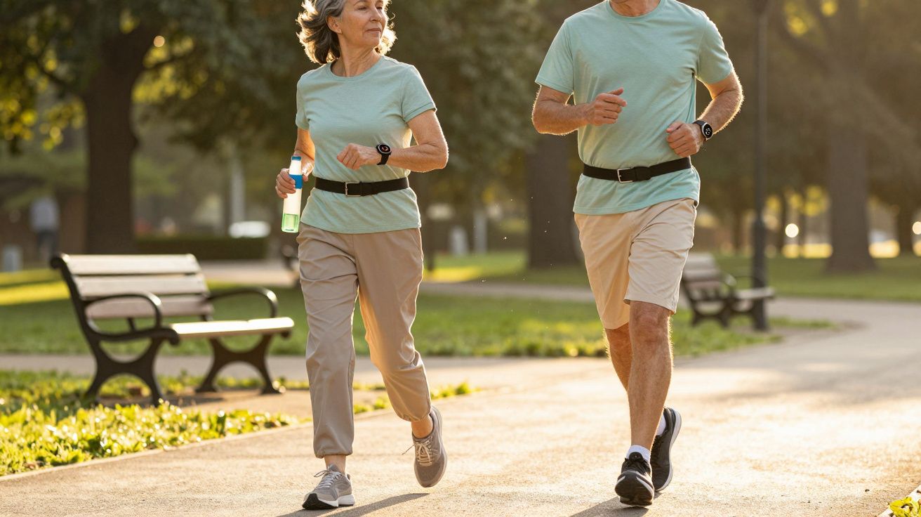 Pareja mayor haciendo ejercicio al aire libre en un parque, llevando ropa deportiva verde y beige, con botellas de agua.