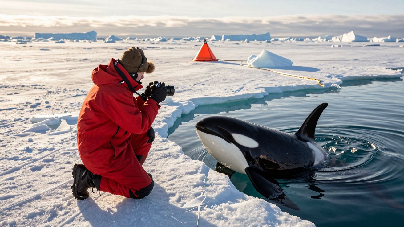 Persona fotografiando a una orca desde la orilla helada, con paisaje antártico al fondo.