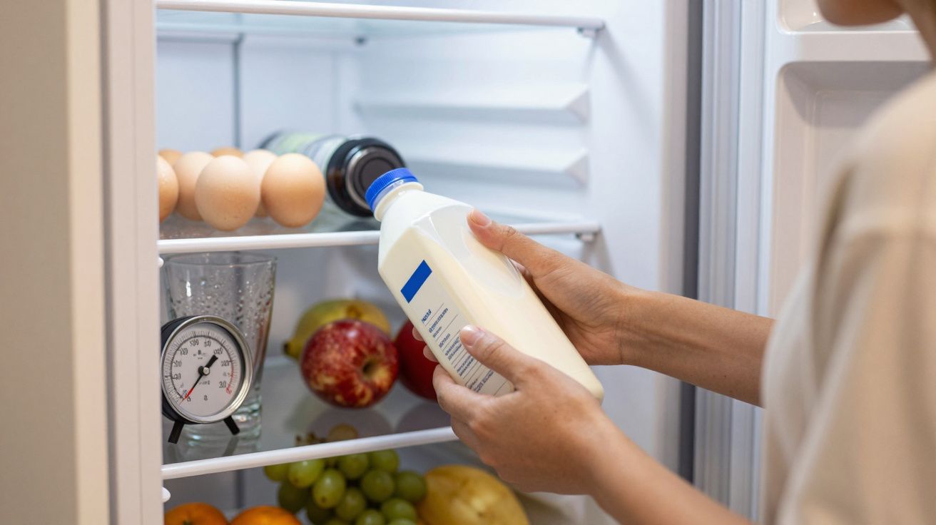 Persona sosteniendo un cartón de leche frente a un frigorífico con huevos, manzanas, uvas y un termómetro interior.