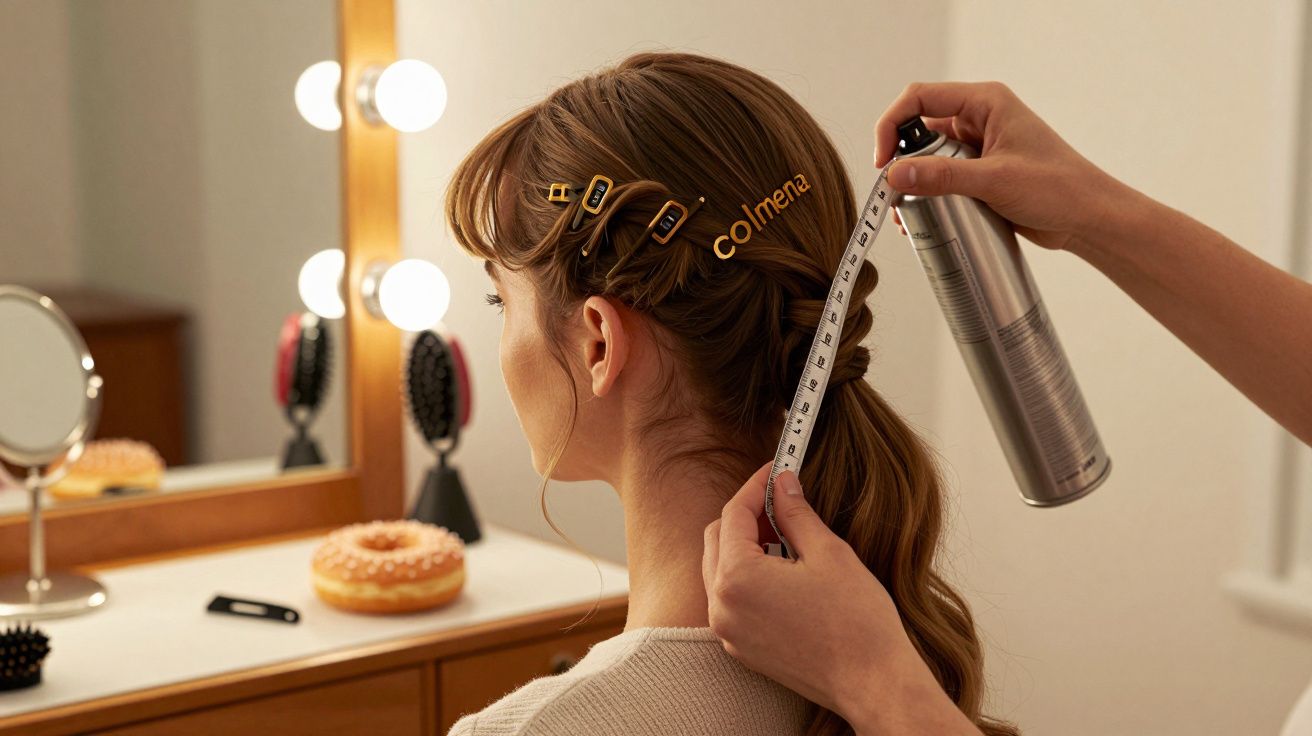 Persona con el cabello recogido, sujetando una cinta métrica y laca, frente a un espejo con luces.
