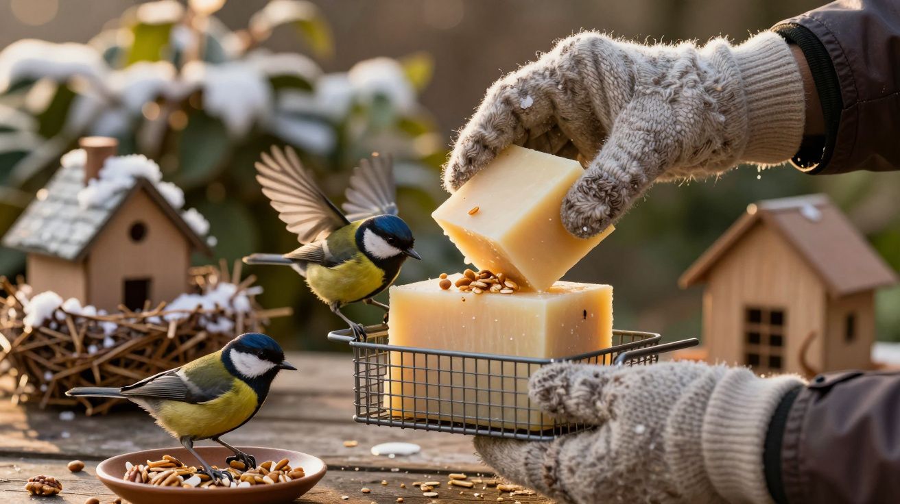 Pájaros junto a comederos y una mano con guantes sosteniendo queso sobre una mesa con decoraciones invernales.