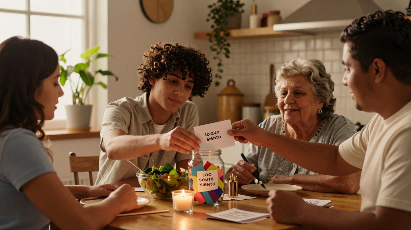 Cuatro personas cenan juntas mientras comparten tarjetas en una cocina acogedora.