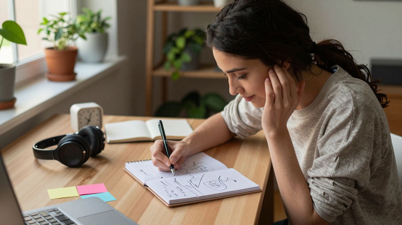 Mujer joven estudiando en un escritorio, rodeada de plantas y útiles escolares, escribiendo en un cuaderno.