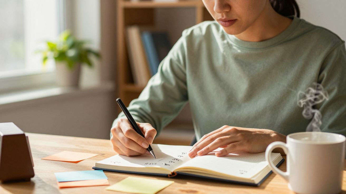 Mujer escribiendo en un cuaderno sobre una mesa con notas adhesivas y una taza de café humeante.