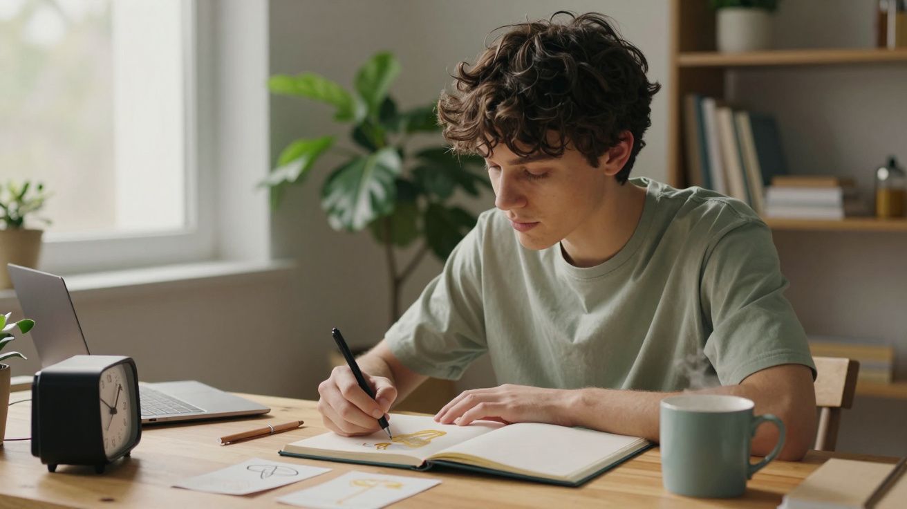 Joven dibujando en un cuaderno, sentado en una mesa con un reloj, una taza y un portátil, junto a una ventana iluminada.