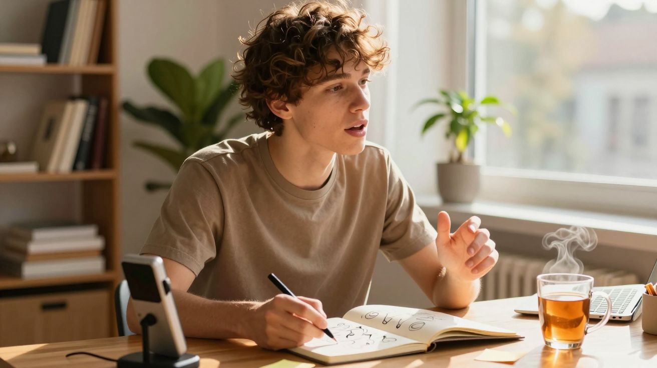 Joven estudiando en una mesa con bloc de notas, té y teléfono, junto a ventana iluminada y planta de interior.