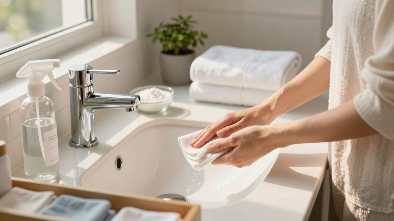 Persona limpiando el lavabo del baño con un paño blanco, rodeado de toallas y productos de limpieza.