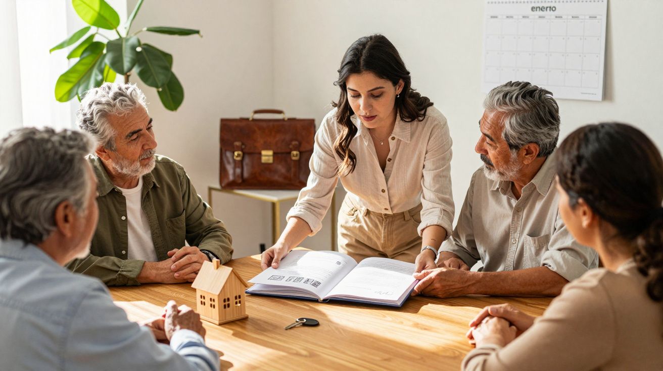 Grupo reunido en una mesa revisando documentos, con una maqueta de casa y llaves sobre la mesa.