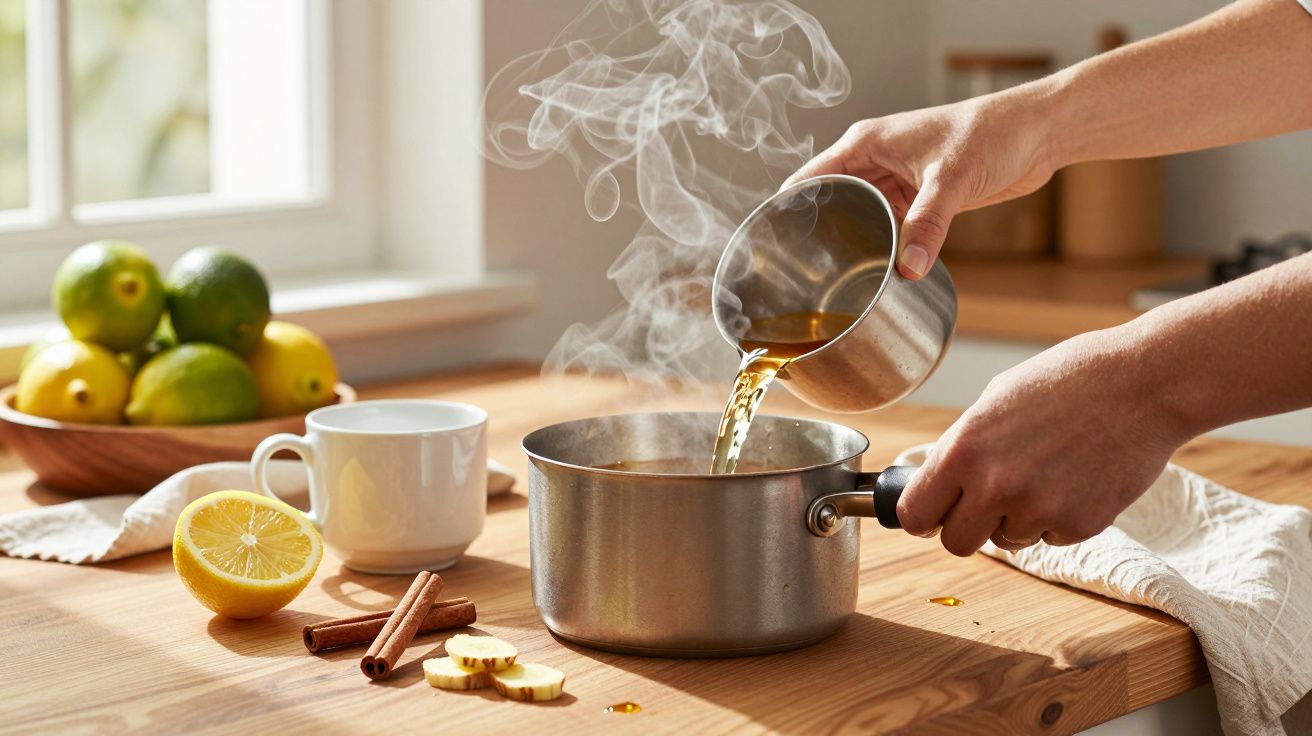 Manos vertiendo líquido en una olla humeante sobre una encimera, con limones y canela alrededor.