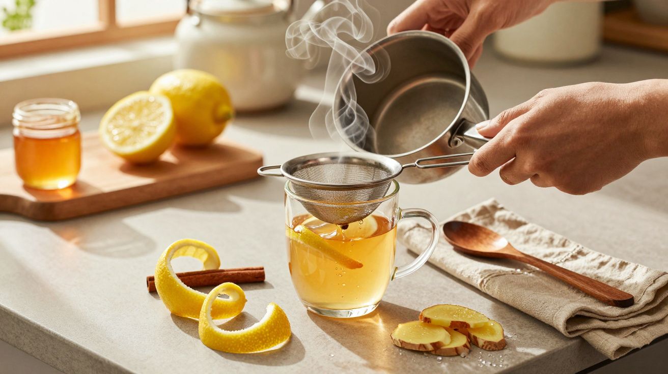 Manos vertiendo té en una taza con limón, jengibre y canela en una cocina iluminada por el sol.