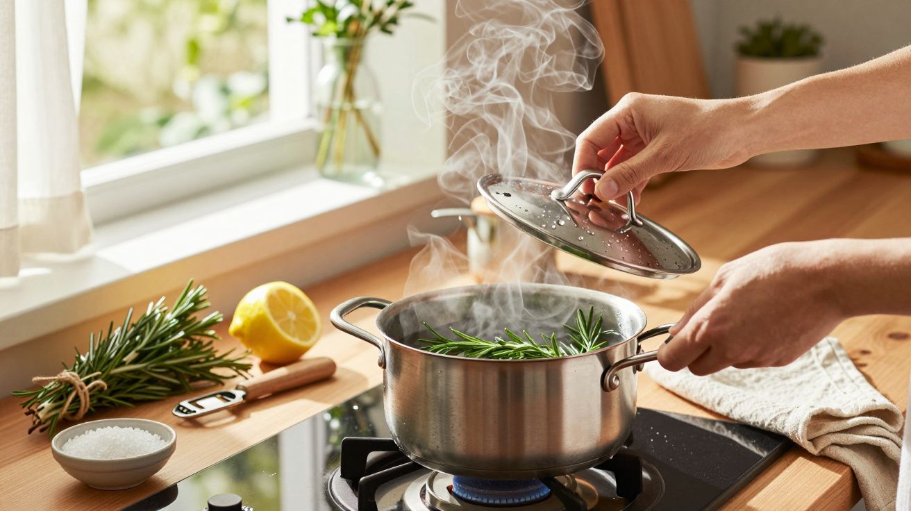 Manos destapan una olla con romero hirviendo en la cocina, al lado de una ventana con luz natural.