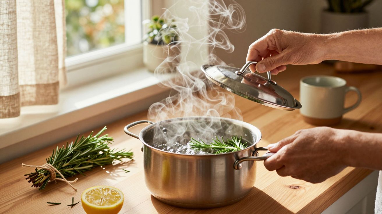 Manos levantando una tapa de olla humeante con romero en la cocina, cerca de una ventana y taza de café.