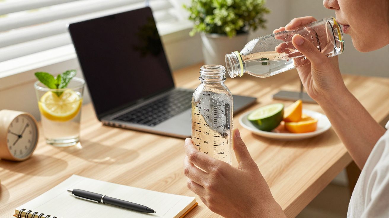 Persona bebiendo agua en escritorio con ordenador portátil, reloj, bloc de notas y bebida de limón.
