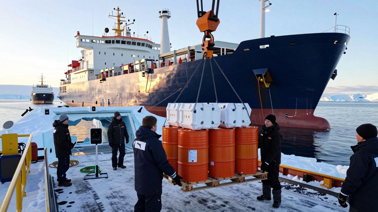 Personal descargando barriles naranjas de un barco grande en una zona nevada con otro barco al fondo.