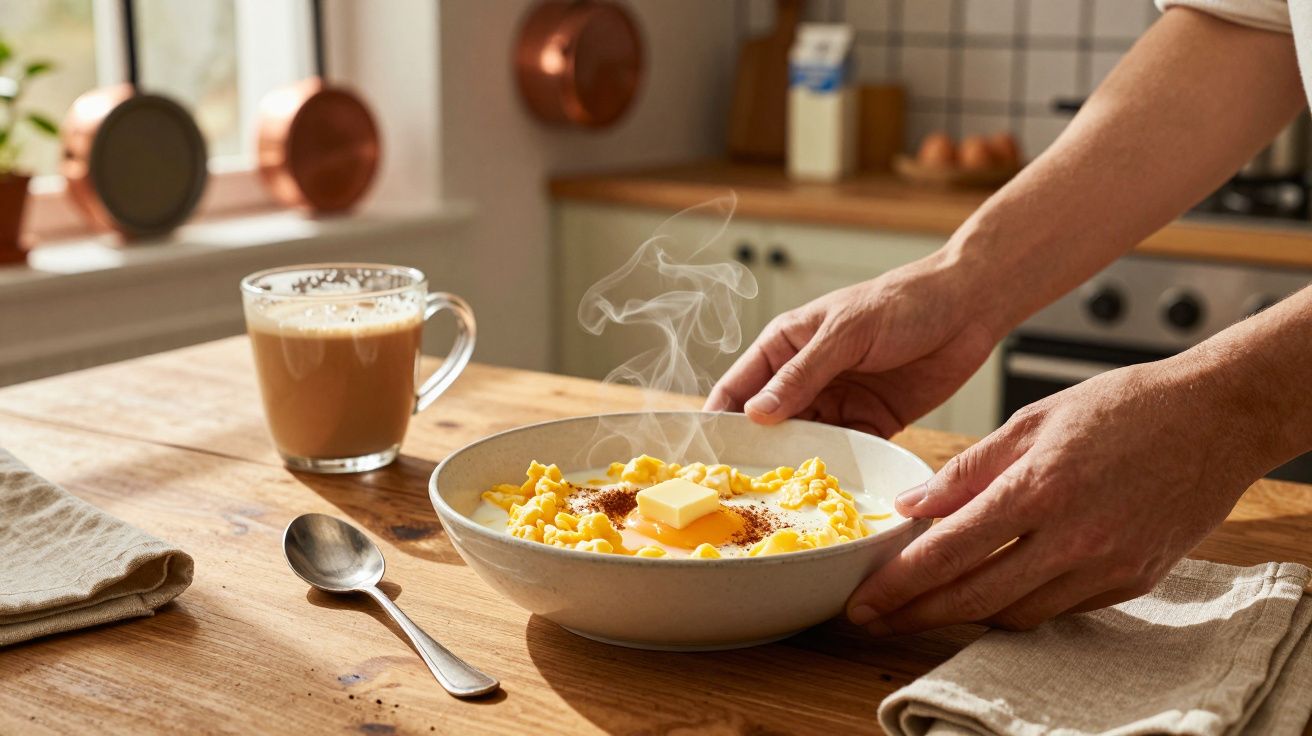 Persona sirviendo un plato de macarrones con queso derretido en una cocina cálida, con vapor y una taza de café al lado.