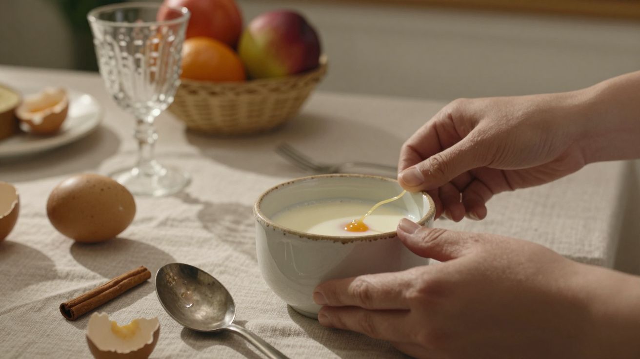 Manos preparando una bebida con huevo. Mesa con vaso, fruta en cesta, huevo, canela y cuchara.