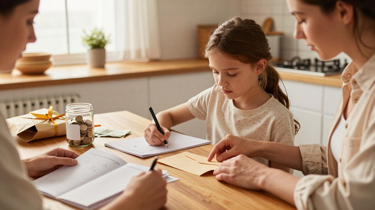 Niña escribiendo en un sobre en la cocina, acompañada de dos mujeres, con una libreta y un bote de monedas sobre la mesa.