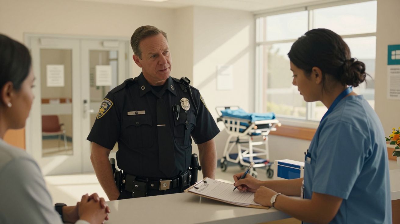 Un policía habla con dos mujeres, una de ellas anotando en un bloc, en la recepción de un hospital.