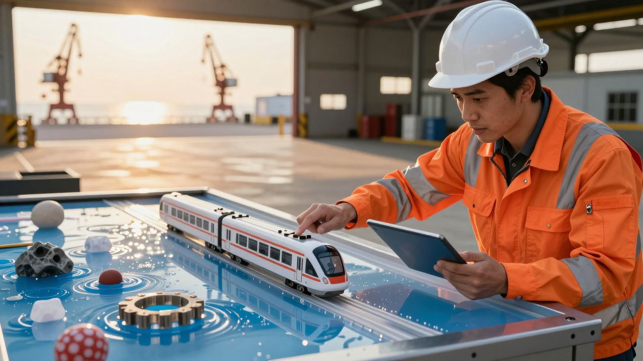 Trabajador con casco y tableta maneja maqueta de tren en puerto con grúas al fondo.