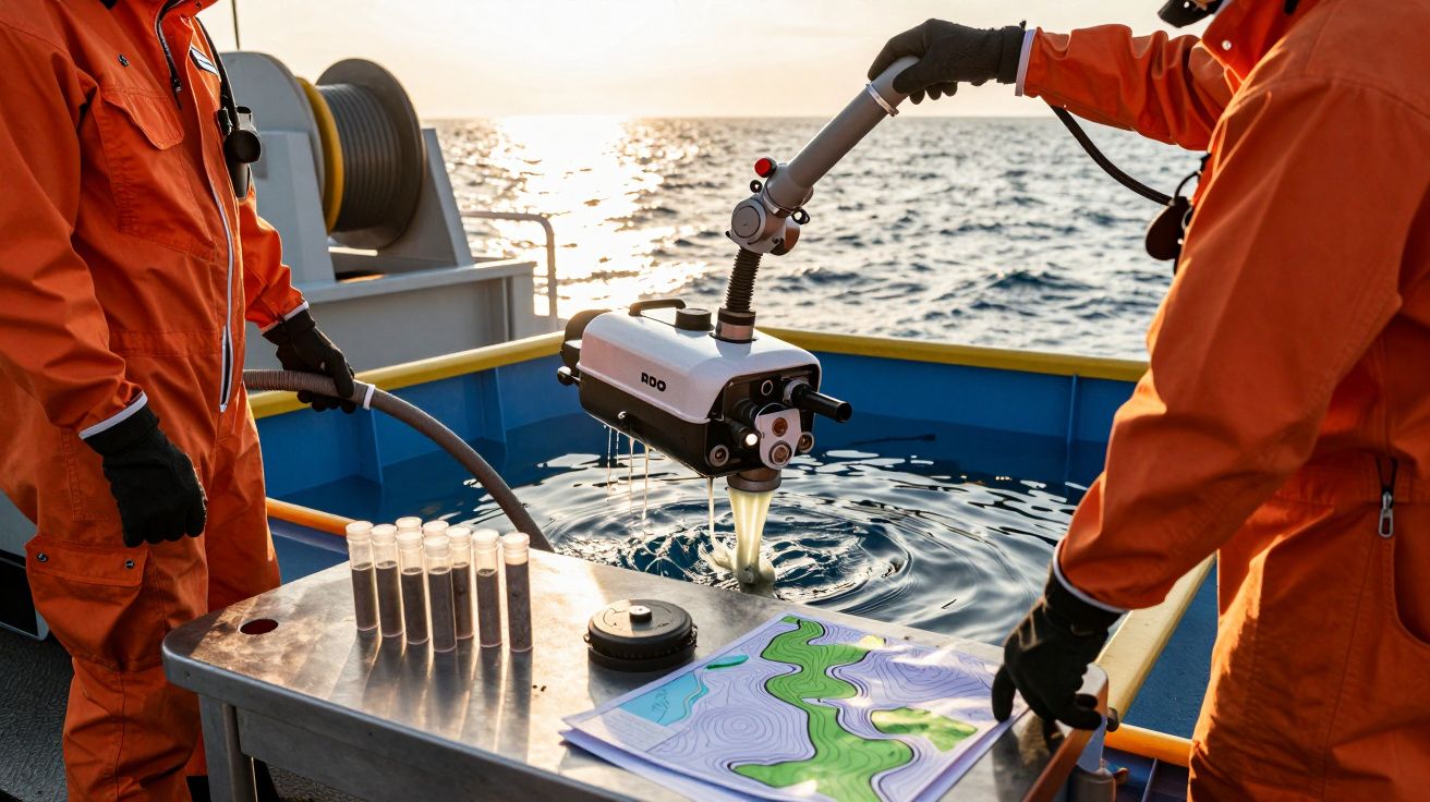 Dos personas en trajes naranjas manejan equipo científico en un barco, con vistas al mar al atardecer.