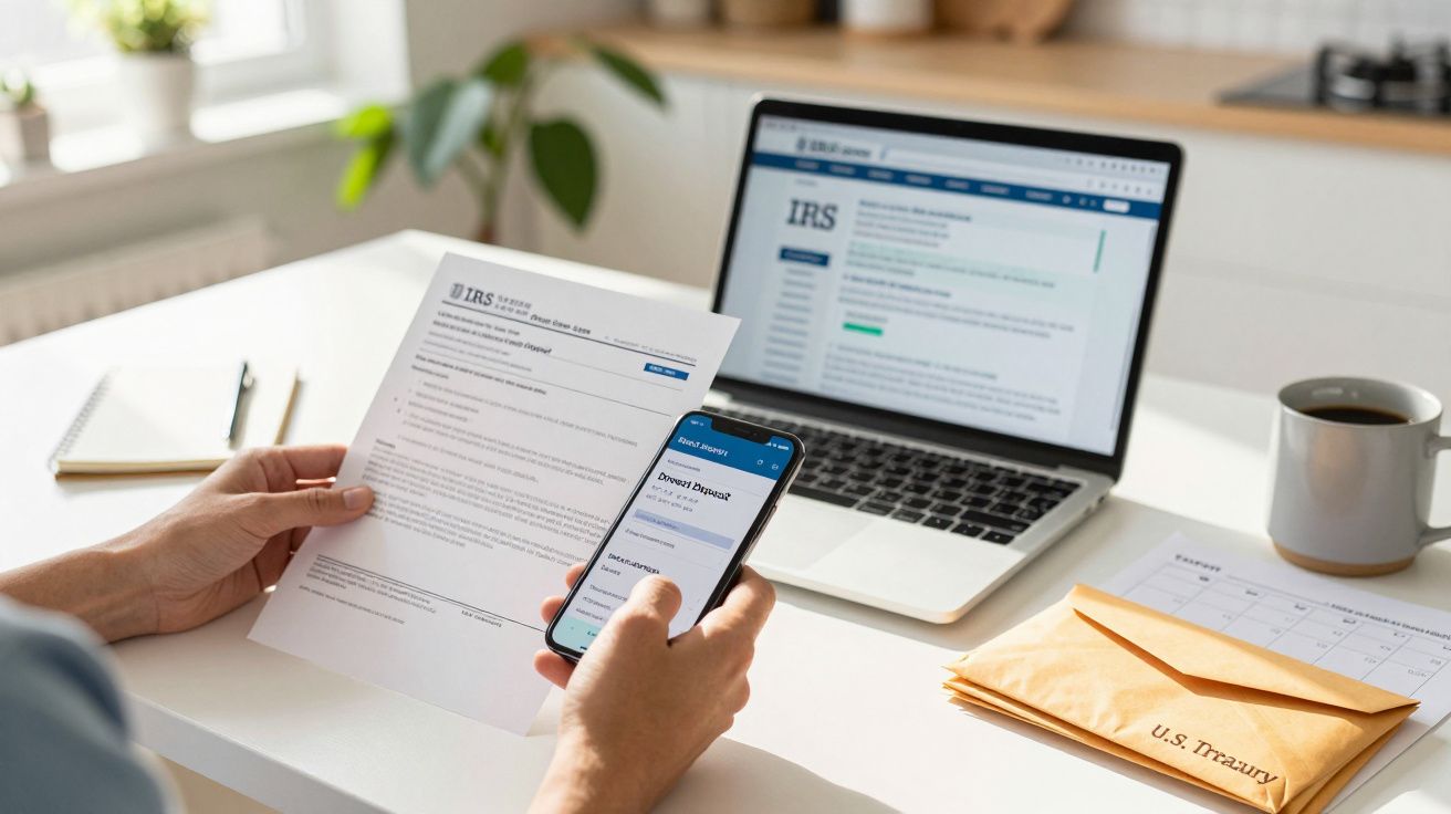 Persona revisa documentos y móvil frente a un portátil con página del IRS abierta, taza de café al lado.