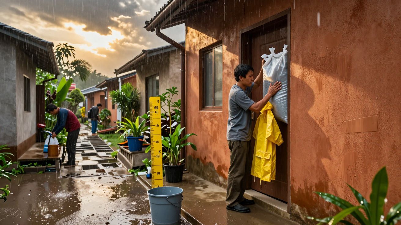 Hombre instala saco de arena en puerta durante lluvia, mientras otros usan cubos en calle inundada al atardecer.