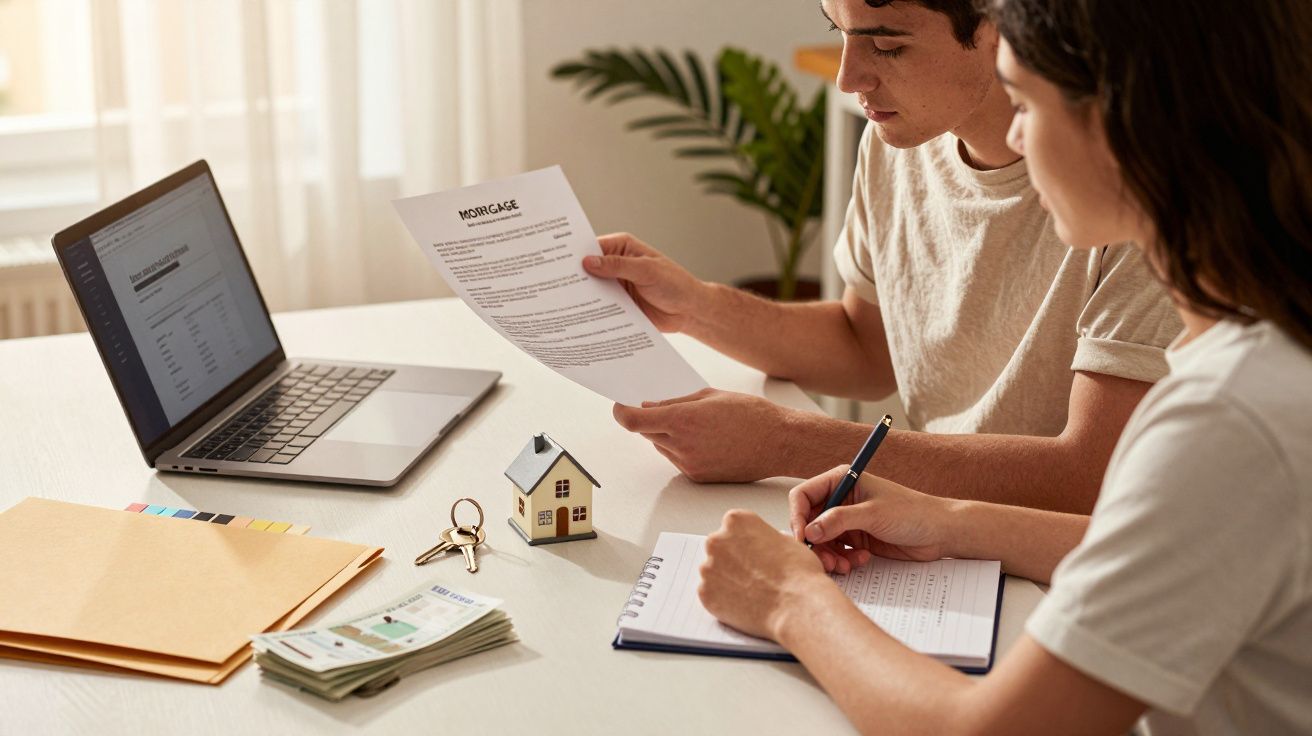 Pareja revisando documentos hipotecarios con computadora portátil, llaves y modelo de casa sobre la mesa.