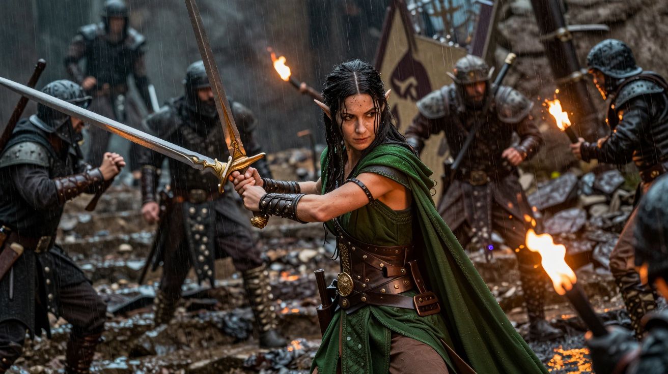 Mujer con orejas puntiagudas y espada lidera batalla medieval bajo la lluvia, rodeada de guerreros con antorchas.