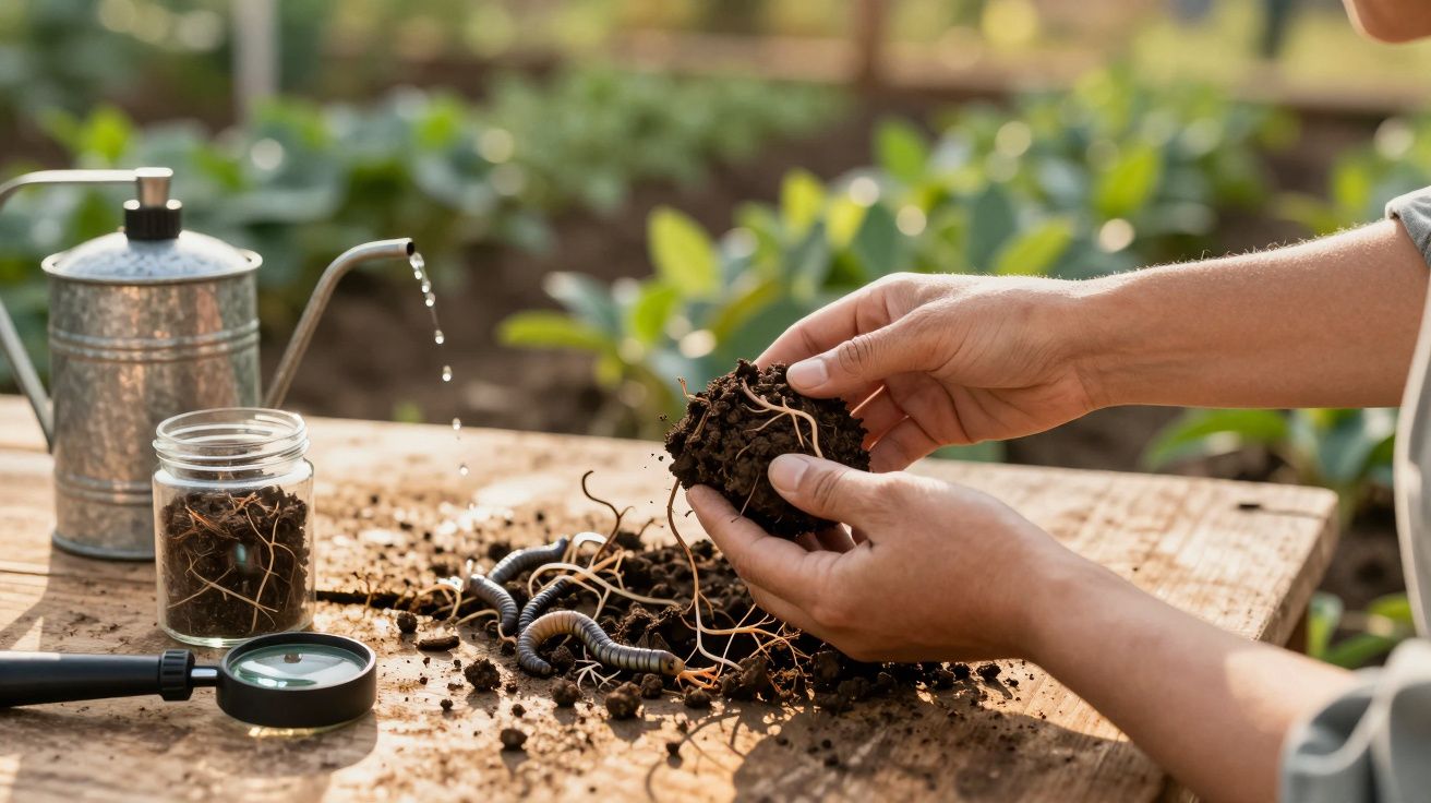 Manos sosteniendo tierra con lombrices sobre una mesa, junto a una lupa, regadera y plantas de fondo en un huerto.