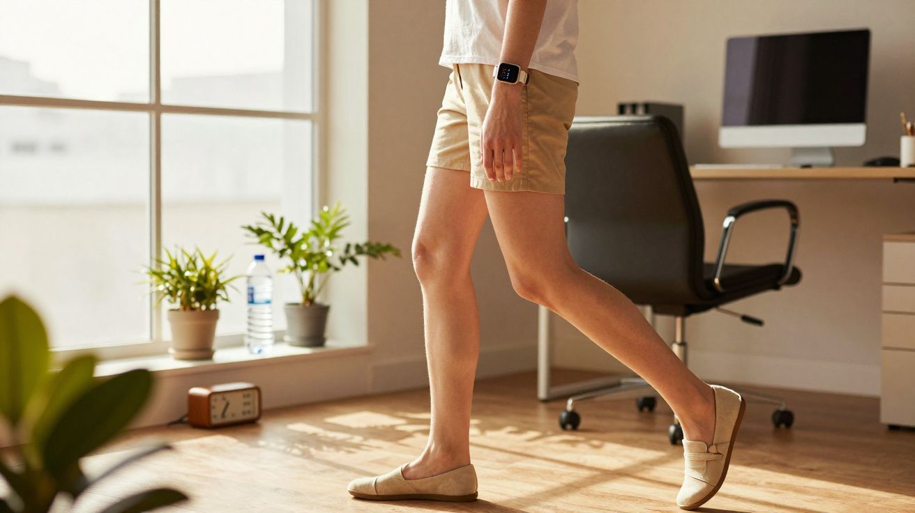 Persona caminando en una oficina luminosa, con plantas, silla y escritorio al fondo.