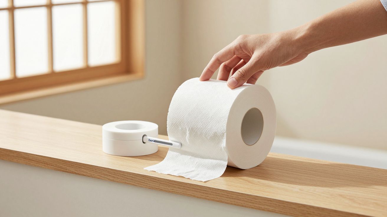 Mano colocando papel higiénico en un dispensador sobre un estante de madera junto a una ventana.