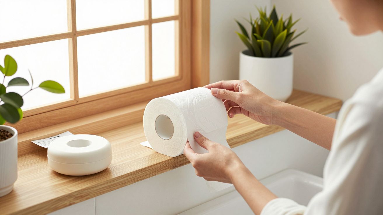 Persona colocando papel higiénico en un estante de baño, junto a ventanas y plantas en macetas.