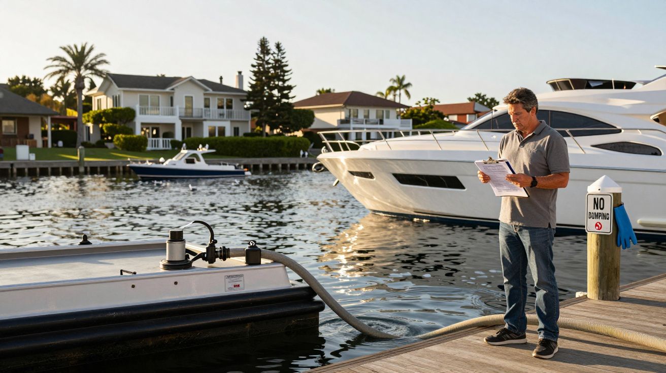 Hombre revisa documentos en un muelle, con yates y casas al fondo, bajo la luz del atardecer.