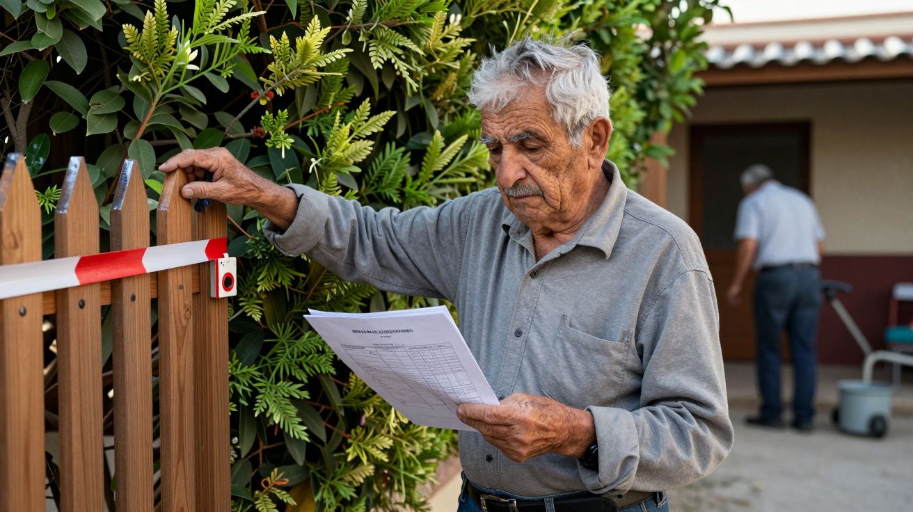 Hombre mayor leyendo un documento junto a una valla de madera con cinta roja, otra persona en el fondo.