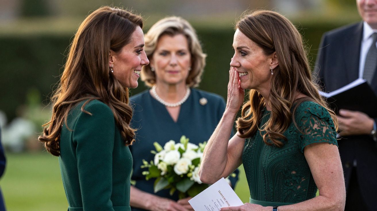 Dos mujeres sonriendo y conversando en un jardín, con una tercera mujer al fondo sosteniendo flores.
