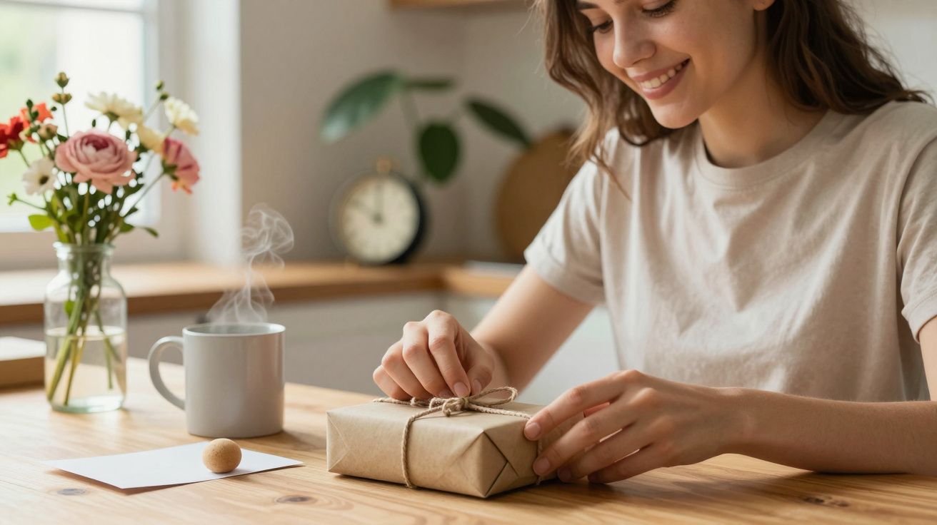 Mujer sonriente desenvuelve un regalo en una mesa de cocina con flores, taza de café y reloj de fondo.
