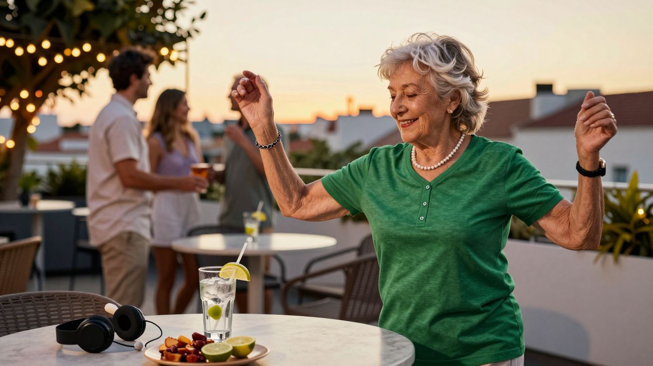 Mujer mayor bailando alegre en una terraza al atardecer, con personas conversando y bebidas sobre las mesas.