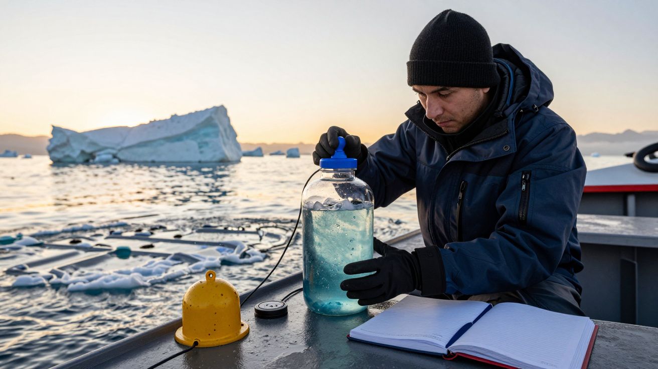 Científico en un barco midiendo agua con icebergs de fondo al atardecer. Bloc de notas abierto junto a él.