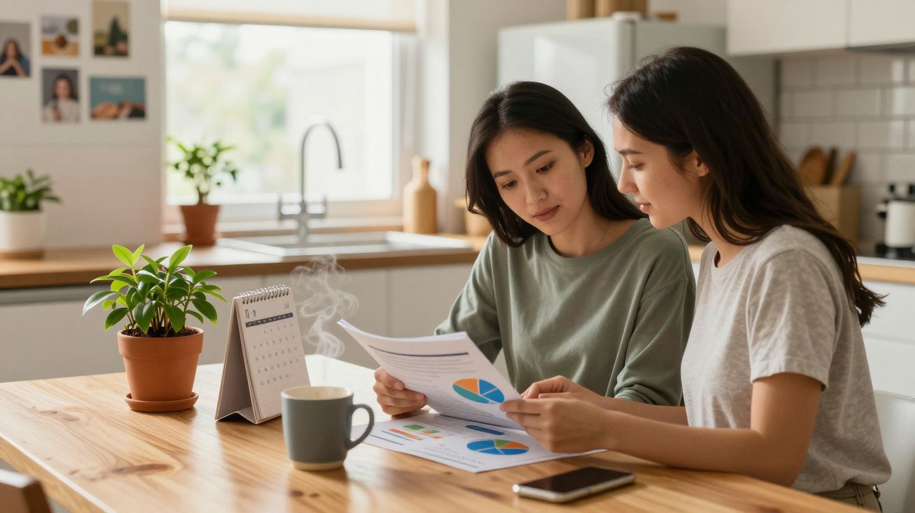 Dos personas en una cocina revisan gráficos en papel sobre una mesa con una planta, un calendario y una taza humeante.
