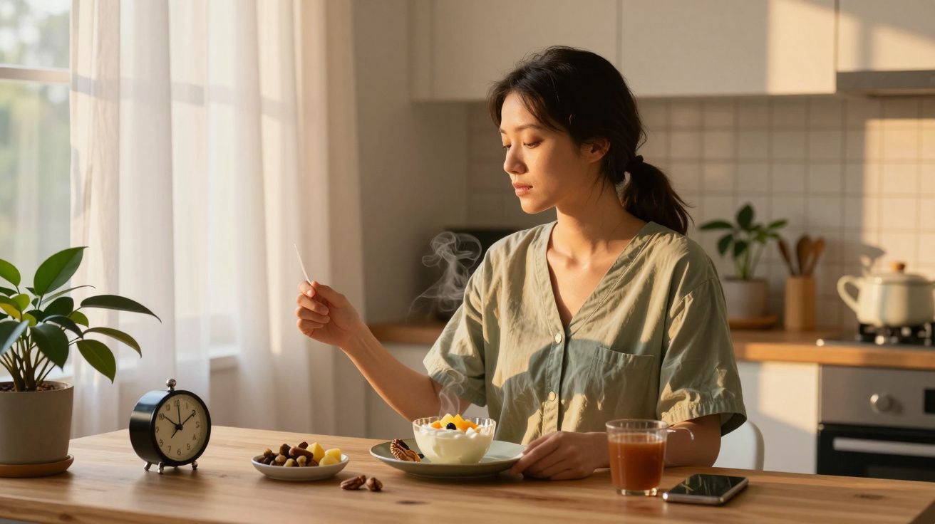 Mujer desayunando en la cocina con luz natural, frutas, reloj, planta y té en la mesa.