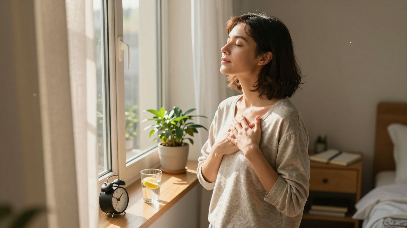 Mujer meditando junto a una ventana, con las manos en el pecho, una planta, un reloj y un vaso de agua cerca.