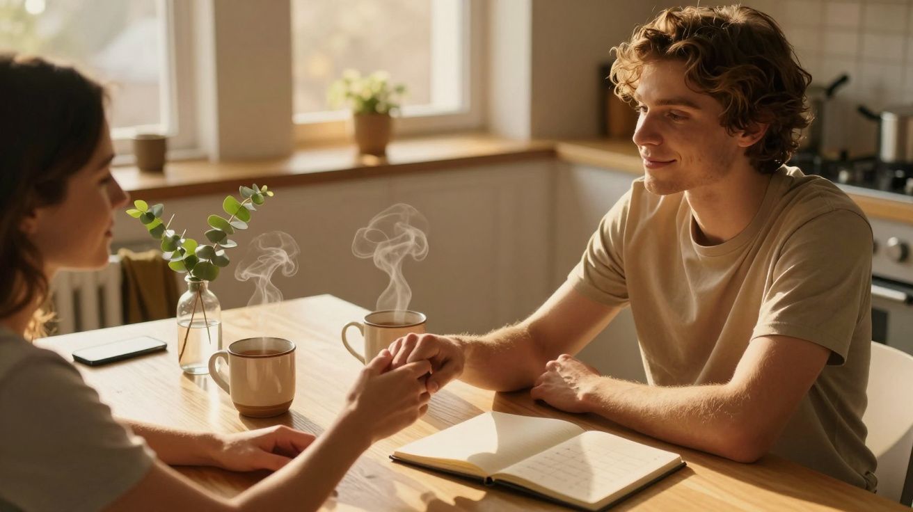 Pareja sentada en una mesa, tomados de la mano, con tazas humeantes y libreta abierta en una cocina iluminada.