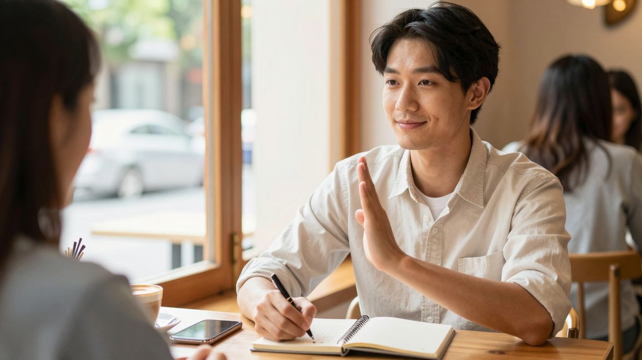Hombre sonriente tomando notas en un café, mirando a otra persona, con una mano levantada en gesto amistoso.