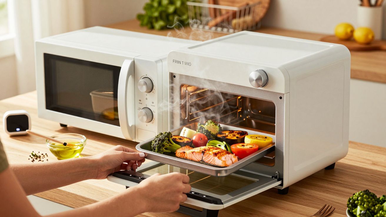Persona sacando bandeja con verduras y salmón de un horno blanco en una cocina iluminada.
